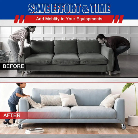 Before and after of a couch being moved, showcasing 4 Pack 5 Inch TPU Silent Shopping Cart Replacement Wheels Kit With Double Ball Bearings For Grocery Carts Heavy Duty Caster Set Non Marking Shock Absorbing Supports Up To 120 Lbs Per Wheel.