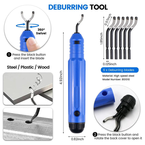 Ultimate 45 Pcs 3D Printer Tool Kit For Cleaning Finishing And Maintenance showing blue deburring tool with blades