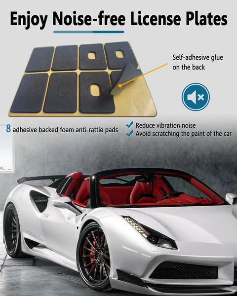 Black Stainless Steel License Plate Bolts Kit for Cars, featuring anti-rattle pads to reduce vibration noise and protect car paint.