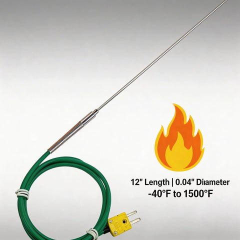 TL1911SL K-type thermocouple probe with 12-inch stainless shaft and 47-inch green silicone cable; yellow plug.