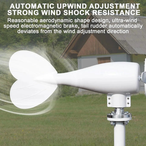 OSKOPWRC 800W wind turbine generator, side view, white 6-blade rotor mounted on a mast for off-grid use