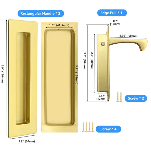Sliding Pocket Door Handles 304 Stainless Steel Non Locking Pocket Door Hardware Recessed Flush Finger Pull Edge Pull Heavy Duty 6 Inch Satin Brass Finish Set with detailed measurements