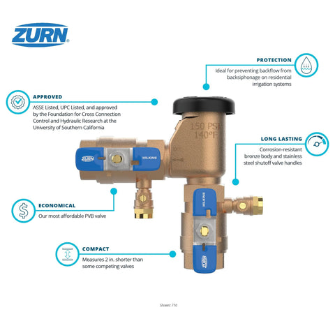 Zurn Wilkins 34-710 3/4 in pressure vacuum breaker assembly; brass body with blue valve handles