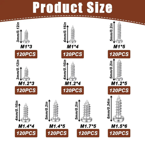 Dope 1200-Piece Tiny Screw Kit With Phillips Pan Head Machine Screws In Sizes M1, M1.2, M1.4, M1.7 Product Size Chart