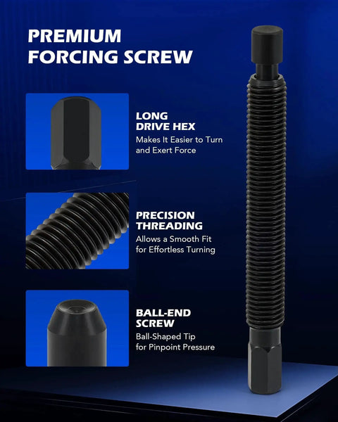 Premium forcing screw from Wheel Hub Removal Tool Kit for Cars and Trucks Compatible with 5 6 and 8 Lug Hubs, featuring threading and drive hex.