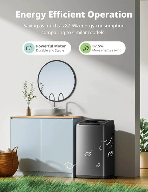 Compact Portable Washer 0.9 Cu Ft With LED Display And 5 Wash Cycles displayed next to bathroom cabinet and mirror.