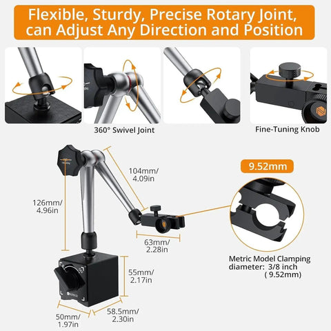 Flexible rotary joint of Dial Indicator Set With Magnetic Base Holder And Storage Case For Precision Measurement In 0 To 1 Inch Range 0.001 Inch Graduation 176 Lbs Max Pull For DIY 3D Printers Lathe CNC Machines And Woodworking Shops