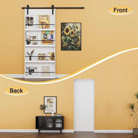 Front and back view of paintable 36x84 barn door with 6.6 ft hardware kit, integrated storage shelves, in farmhouse kitchen decor.