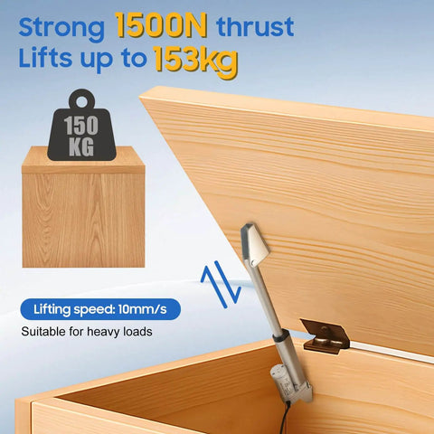 Electric Linear Actuator 1500N 12V DC lifting wooden lid, highlights 150kg capacity and 10mm/s speed for automation projects.