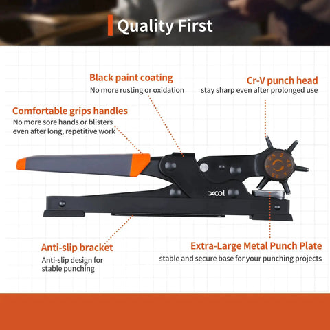 Diagram of Rotary Leather Hole Punch Kit With Multiple Size Punches For Belts Watch Bands Straps Dog Collars Saddles Shoes Fabric And DIY Projects This Beast Heavy Duty Pliers For Quick Clean Holes, highlighting features like black paint coating, Cr-V punch head, and anti-slip bracket.