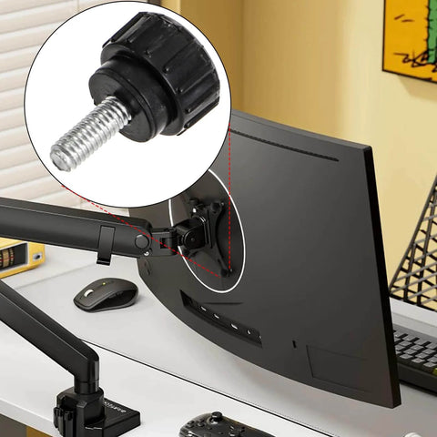 Close-up of 100 Pack Thumb Screws Set, 4 X 10 Mm Carbon Steel Heavy Duty Knurled Knob Screws installed on a monitor stand