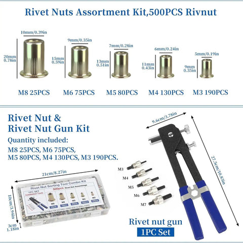All In One Nutsert Rivet Nut Tool Kit With 500Pcs Metric Nuts M3 M4 M5 M6 M8, Pro Grade Nutsert Tool Set for various projects.