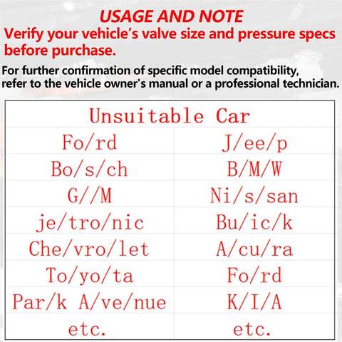 Warning text highlighting unsuitable car brands for 0 To 140 PSI Fuel Pressure Tester Kit For Fuel Injectors And Pumps.