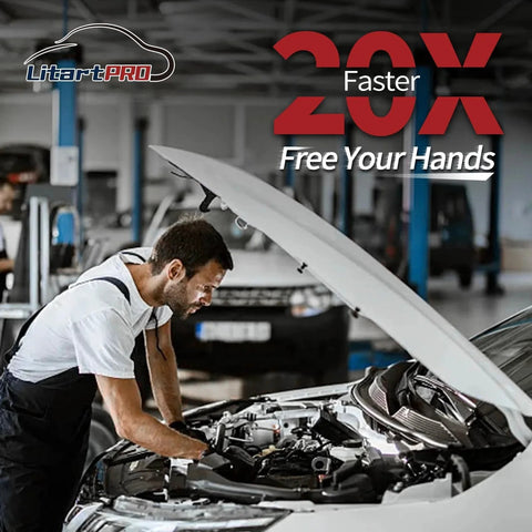 Mechanic working on car engine with open hood in garage, 20X Faster Free Your Hands text overlay
