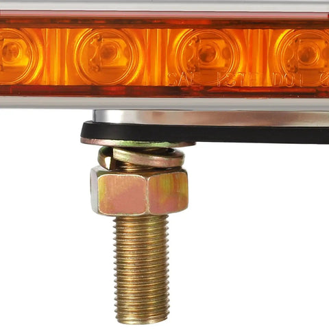 Close-up of Dual Function LED Trailer Light Bar Pair 9 1 4 Inch Long Red And Amber Double Face Marker And Turn Signal Lights Chrome Plastic Mounts Prewired With Double Metal Stud Mounts For Trucks showing amber LEDs and metal stud mount.