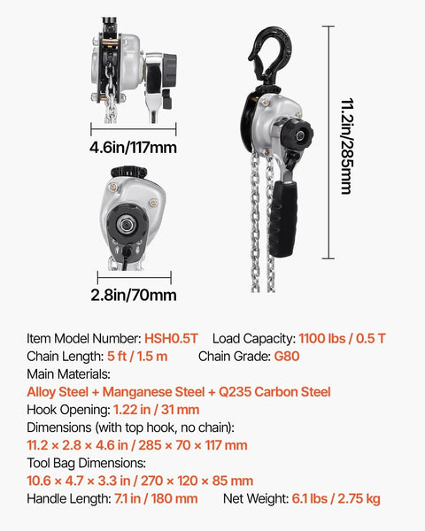 Manual Lever Chain Hoist Half Ton With 5 Ft G80 Chain Dual Pawl Brake in steel, front and side view with dimensions.