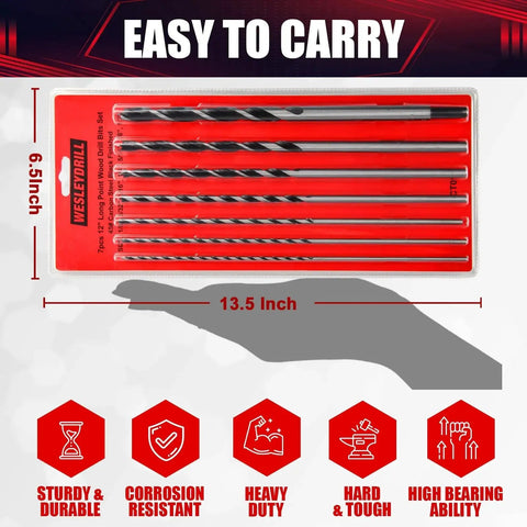 Extra Long Brad Point Drill Bit Set For Wood Seven Piece 12 Inch Carbon Steel Bits in red packaging, labeled easy to carry.