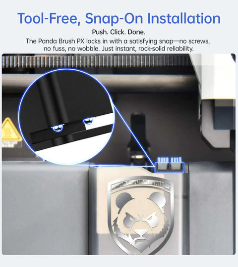 Panda Brush PX Nozzle Cleaning Kit installation in Bambu-Lab P1P 3D printer, showing snap-on feature with close-up detail.