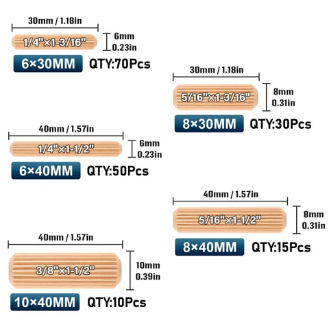 Fluted Wood Dowel Pins Set 250 Pcs In Five Sizes; sizes displayed with dimensions and quantity for each type of dowel.