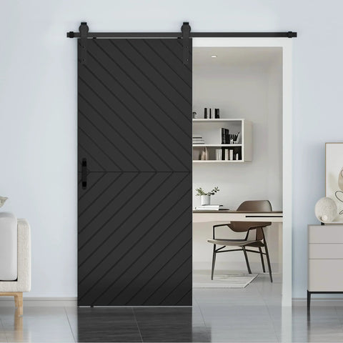 36-Inch By 84-Inch Sliding Barn Door With Modern Style, 6-Foot Hardware Kit Included, Hollow-Core Chevron Interior Door With PVC Overlay, Waterproof Surface, Scratch-Resistant, Super Easy To Install, Black Finish installed in room