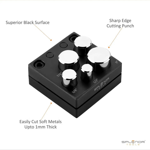 Round Disc Cutter Kit for Jewelry Making, heavy-duty steel, five die sizes visible, 12.7mm to 25.4mm, for soft nonferrous metals, black surface.
