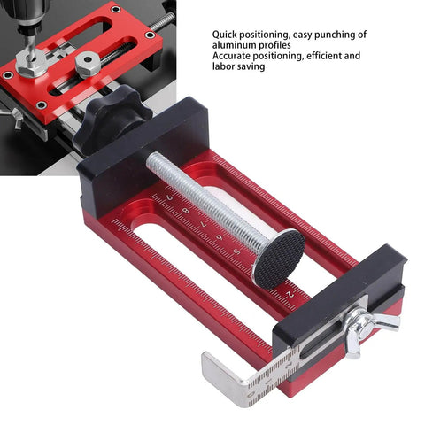 Pro Grade Dowel Hole Guide Aluminum Alloy Drill Jig with quick-change sleeves, red color, designed for woodworking precision.