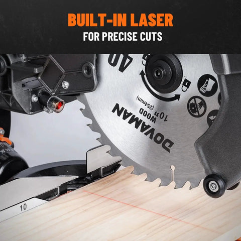 Close-up of Pro Grade 10 Inch Sliding Miter Saw For Multi Material Cuts With Dual Speed Control, featuring laser guide in action.