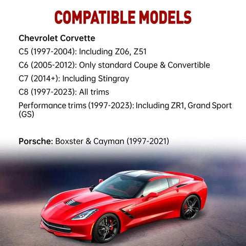 Red Chevrolet Corvette compatible with lift pucks for C5-C8 generations, showing side profile and model compatibility details.