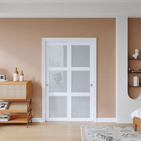 Double 25 Inch Sliding Closet Door Set For Bedroom, 48 By 80 Inch Frosted Glass Panels With 3-Lite Design, Preassembled MDF White