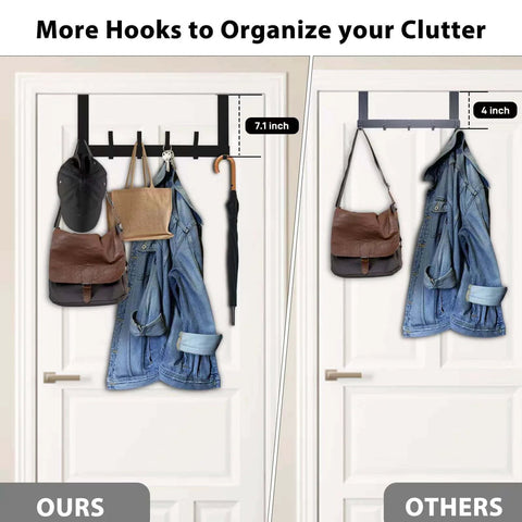 Comparison of over-the-door hook organizers showing more hooks on the left with bags and clothes, fewer on the right.
