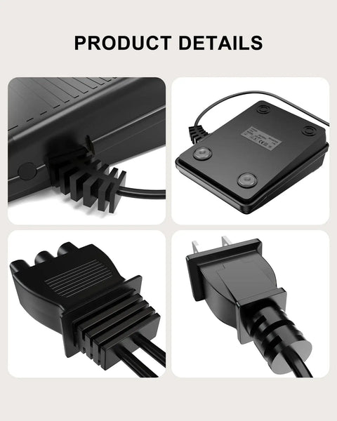 Front view of replacement foot pedal power cord with D-shaped plug for Singer sewing machines.
Top view of square power adapter with attached cord for Singer foot pedal.
Close-up of ribbed housing on the foot pedal connector with two cables.
End view of plug head with molded grip for replacement power cord.