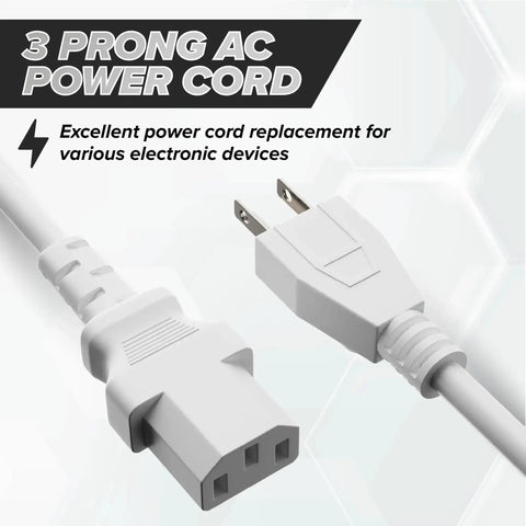 10 Foot 3 Prong Computer Power Cord C13 To NEMA 5-15P IEC 320 White For PC Monitor Server And Medical Equipment 18 AWG 125V 10A