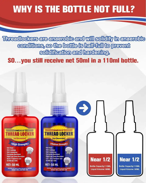 Blue And Red Thread Locker Kit For Nuts Bolts And Fasteners, Medium And High Strength Workhorse Anaerobic Curing Glue To Prevent Loosening packaging showing half-full bottles.