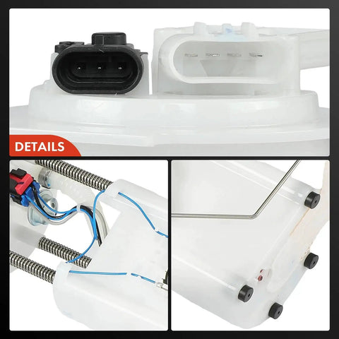 Electric Fuel Pump Module Assembly With Pressure Sensor For Pontiac Aztek And Buick Rendezvous 2004 V6 3.4L Gas Engine Replacement Part shown in detail with four pins and three tubes.