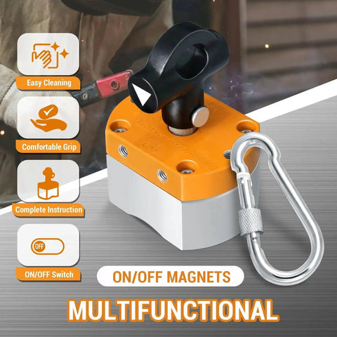 On/off switch magnet welding holder with orange top, gray base, black lever, and silver carabiner
