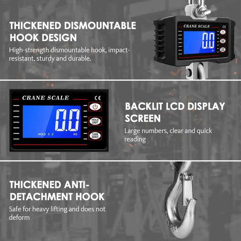 1000Kg Heavy Duty Crane Scale With Backlit LCD Digital Hanging Scale Data Hold Tare And Unit Switch Auto Off Aluminum Alloy