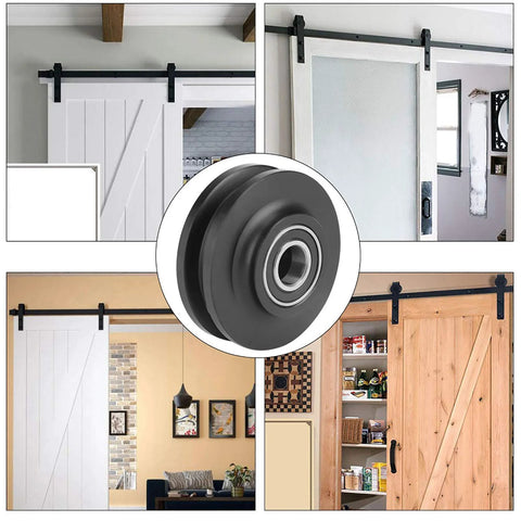 Two-Piece U-Groove Barn Door Wheel Set for DIY Installations, showing pulley bearings in sliding barn door setups