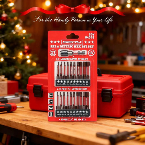 Ultimate 21 Piece 2.5 Inch Hex Head Allen Wrench Drill Bit Set With One Quarter Inch Hex Driver Bits in packaging on workbench