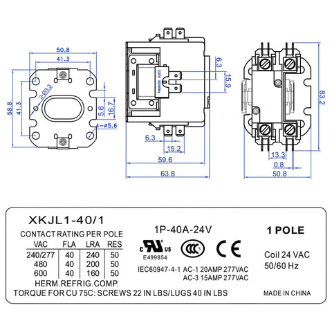 Technical diagram of 4 Pack 24V One Pole AC Contactor for HVAC Systems with dimensions and specifications, UL Listed