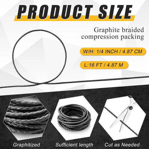 Frienda graphite braided compression packing, 1/4 in x 1/4 in, 16 ft for pump seals.