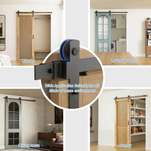 CCJH Six Point Six Feet Heavy Duty Sliding Barn Door Hardware Kit installed in various room settings, showing use and fit for doors.