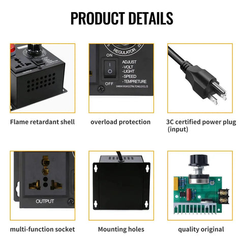 Detailed image showing AC Motor Variable Speed Controller and Fan Regulator features like flame retardant shell, overload protection, 3C plug.