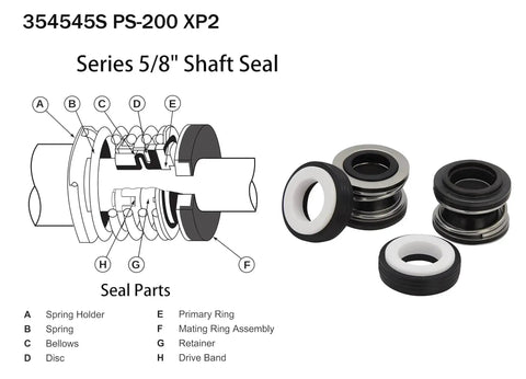 Diagram and components of PS-200 Shaft Seal Replacement Kit for Pool and Spa Pumps 5/8 Inch Shaft, includes 2 seals.
