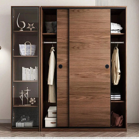 Wooden cabinet with sliding doors featuring Six Pack Black Snap-In Closet Door Finger Pulls 2-1/8 Inch No Nails Needed Easy Install.