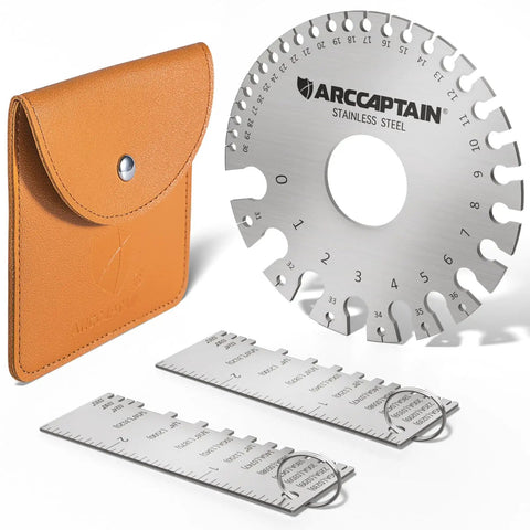 Dual Sided Stainless Steel Metal Gauge Thickness Tool 0-36 Range Pro Grade Thickness Gauge for Metal Sheets and Welding Materials Round Handy Measuring Tool ARCCAPTAIN with leather case and extra tools.