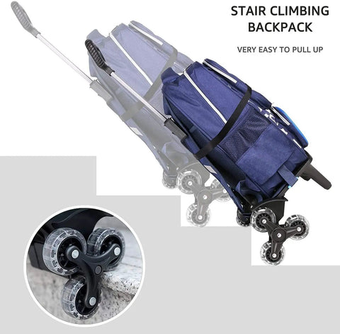 Foldable Aluminum Alloy Wheeled Trolley with Edge Guard and Six Wheels climbing stairs with blue backpack loaded
