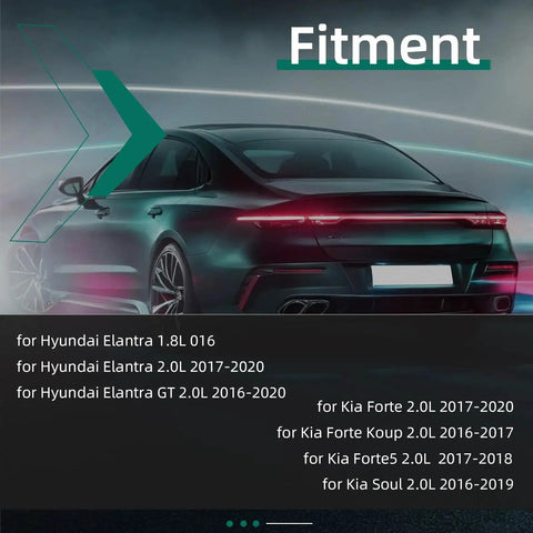 Rear view of a car with fitment details for Hyundai Elantra, Kia Forte, and Kia Soul models displayed in text.