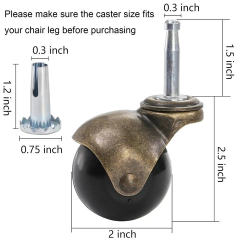 Eight Pack Two Inch Ball Caster Wheels With Swivel Stem In Antique Brass For Furniture Chairs Sofas And Cabinets, 360° rotation