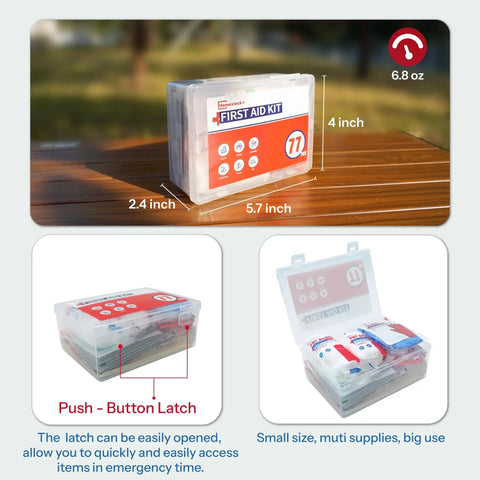 Complete 77 Piece First Aid Kit Refill Supplies Pack For Home Office Travel And Outdoors, shown in clear plastic case.