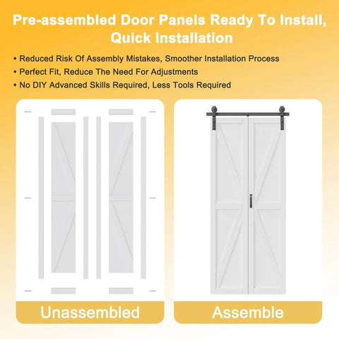 Space Saving Bifold Barn Door Kit With Pre Assembled Panels And Sliding Hardware Solid Core Construction Water Resistant Finish Easy Assembly K Shape Bi Fold Door 36 By 84 Inches Maximizes Wall And Floor Space